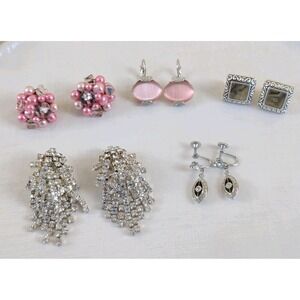 Vintage Earrings Lot Rhinestone Dangle Pink Beaded Cat Eye Abalone 5 Pairs Clip